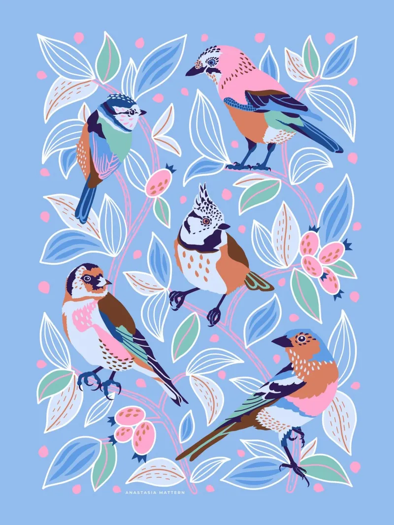 BIRDS & BERRIES poster with aluminum frame by Anastasia Mattern