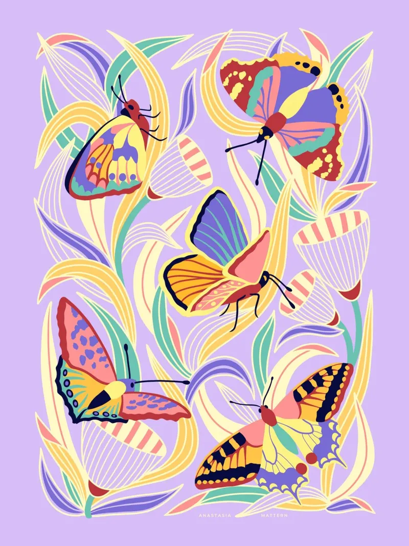 BUTTERFLIES & BLOOMS poster con telaio in legno da Anastasia Mattern