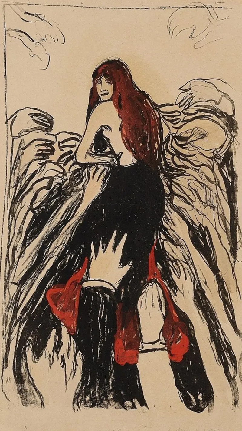 donkere kleding vrouw achtergrond lijnen poster met kunststof frame van cupcup art