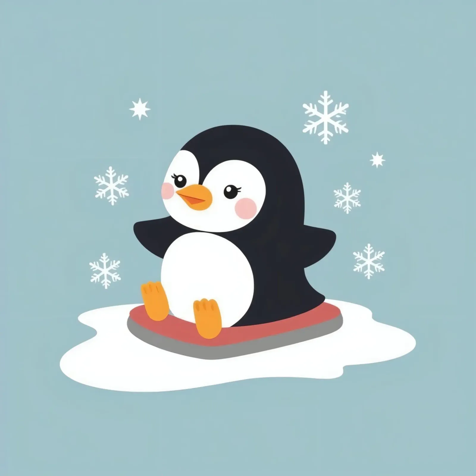 Lindo pingüino de dibujos animados en un trineo con copos de nieve cayendo hahnemühle de DesignDoodle