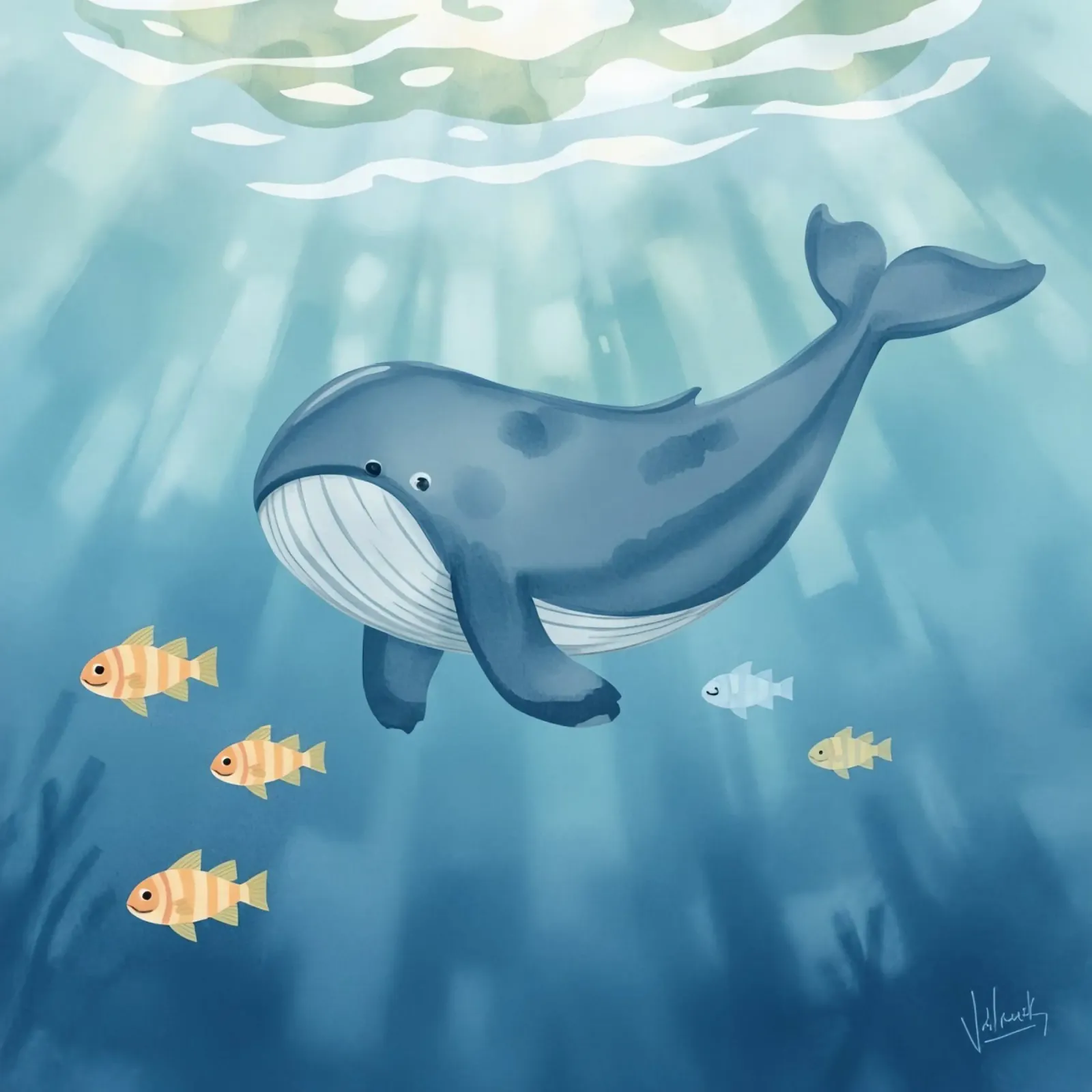 Walvis zwemmend in de oceaan met schijnend zonlicht canvas met Baklijst van DesignDoodle