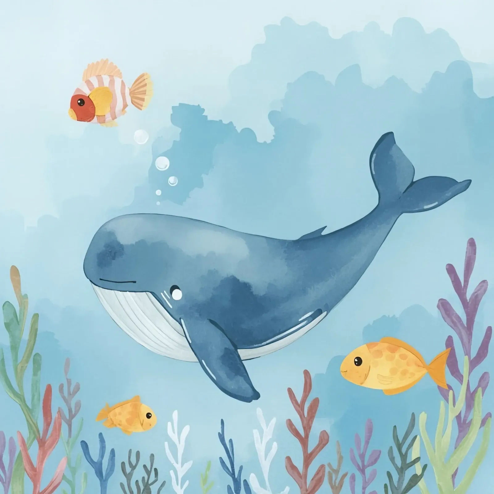 Blauwal schwimmt mit Fischen im Meer, umgeben von Meer Hahnemühle von DesignDoodle