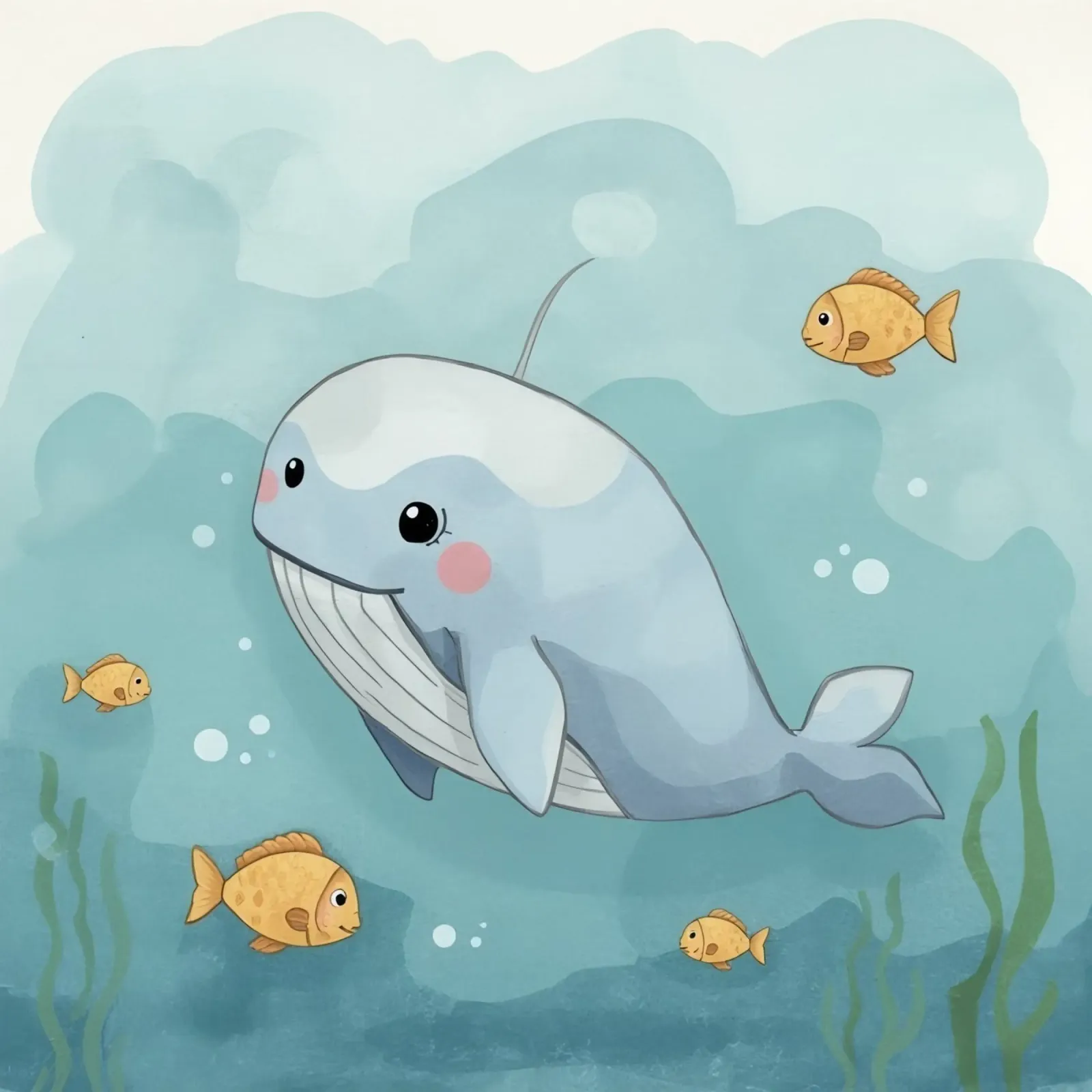 Carina la balena che nuota con piccoli pesci d'oro tra le alghe dell'oceano alluminio dibond da DesignDoodle