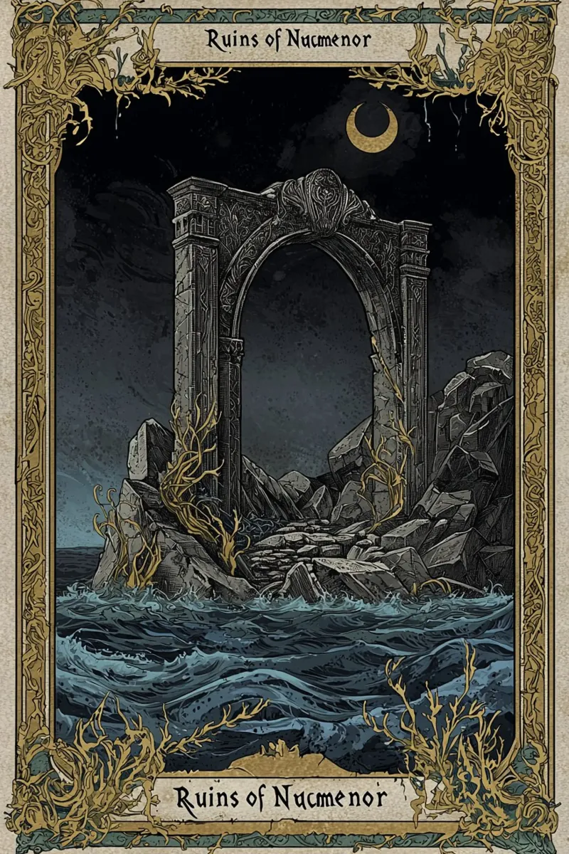 Ruins of Númenor – Fantasy Poster in Woodcut Style poster con telaio in plastica da Mittelerde Atelier