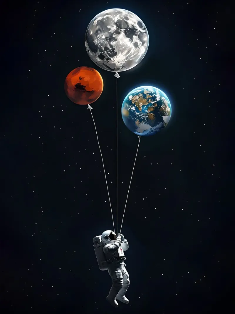 Astronaut with Planet Balloons in Space canvas by 🥝 KIWI STORE