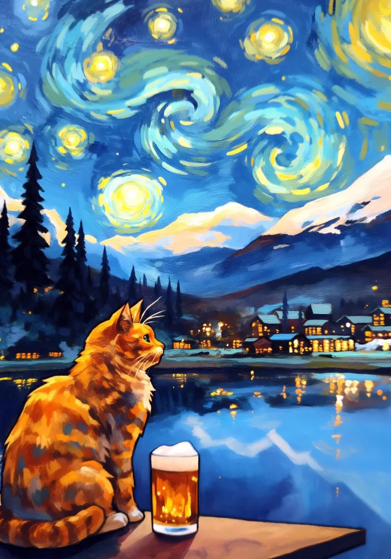 Gatto beve birra Serata stellare poster da Fleur de Lys