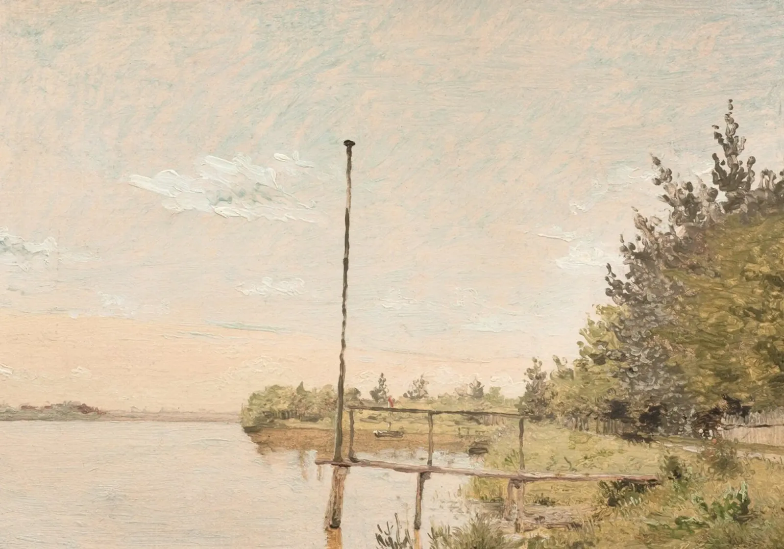 Dock am See: Impressionistische Wasserlandschaft, rustikaler Charme Poster mit Aluminium Rahmen von ClubArt