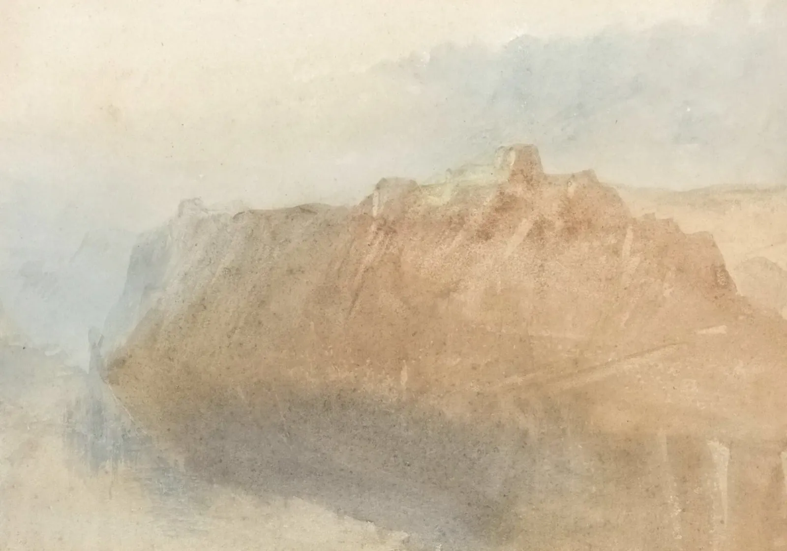 Nevelige kliffen: Abstract landschap, aardetinten Print canvas met Baklijst van ClubArt