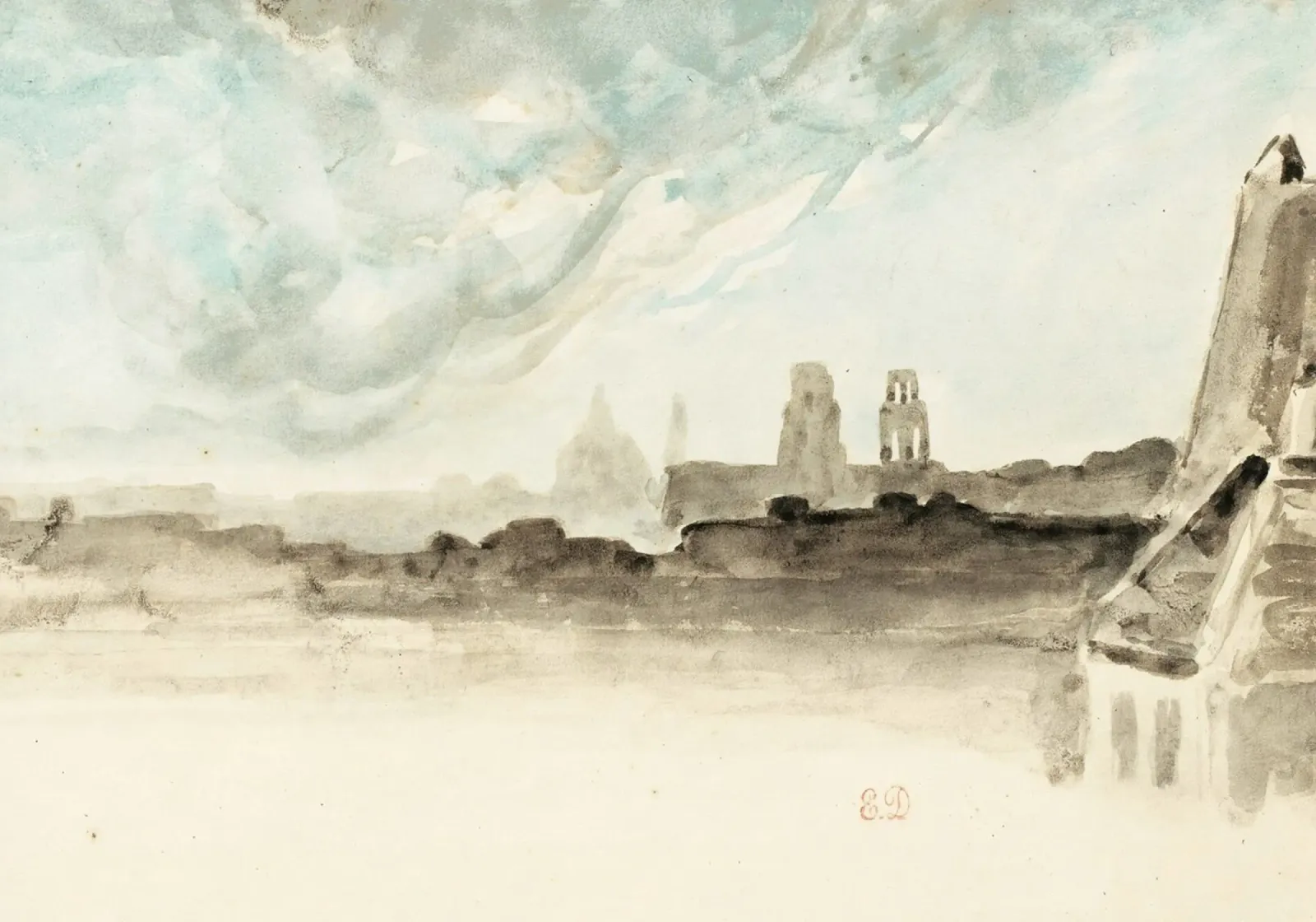 Distant Cityscape: Historic Skyline, Atmospheric Sketch canvas with Floater frame by ClubArt