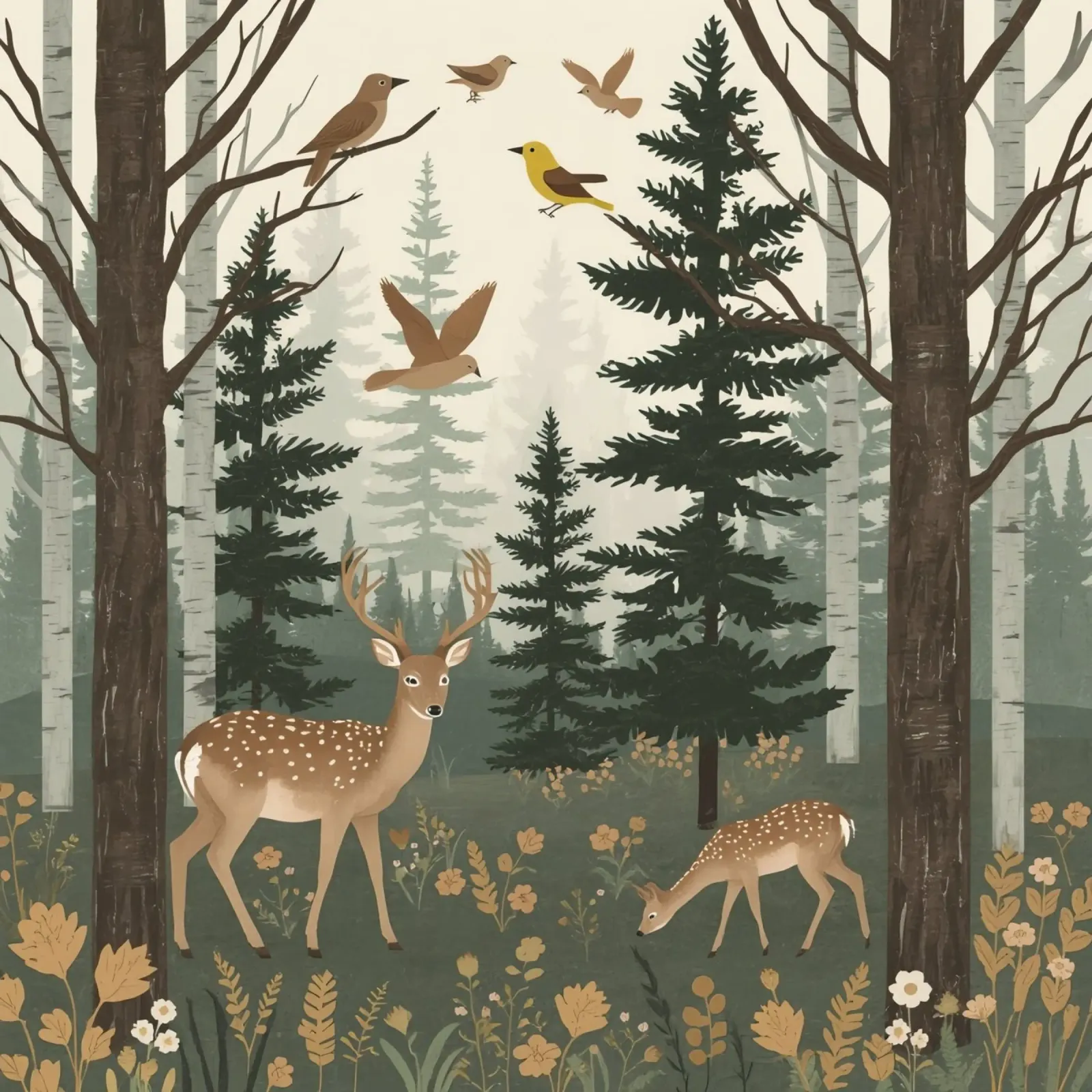 Raffigurazione di due cervi con uccelli in volo in una foresta poster da DesignDoodle