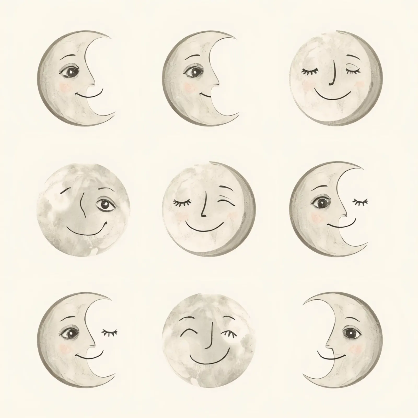 Visages de lune souriants dans différentes phases avec différents visages poster de DesignDoodle