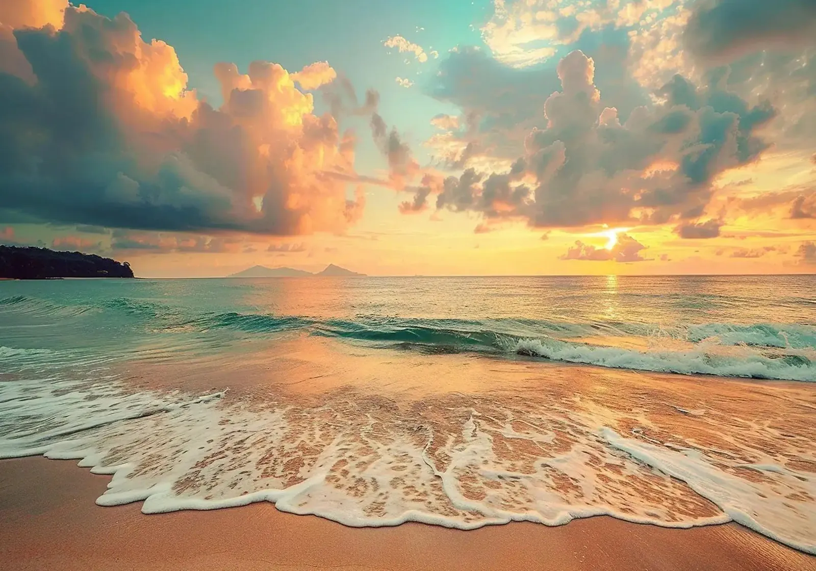 Tramonto sulla spiaggia sabbiosa del mare poster da book