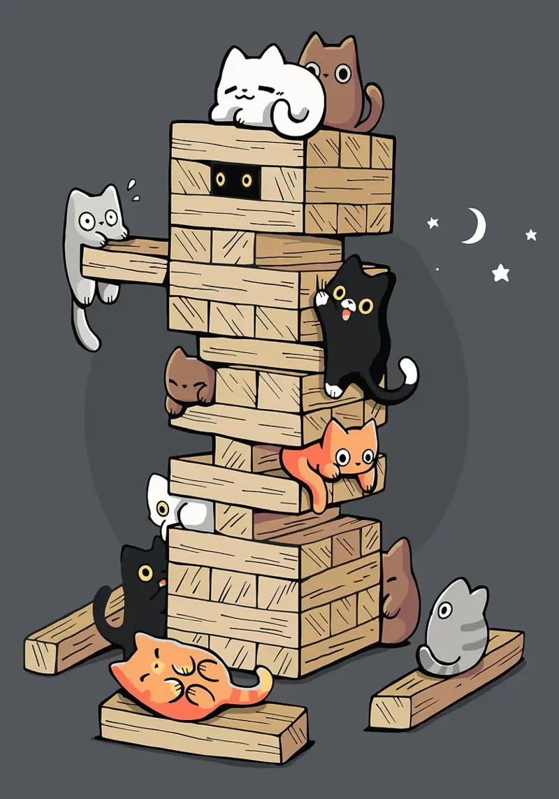 Gatti che giocano a jenga gattini da gioco alluminio dibond da BirdShop