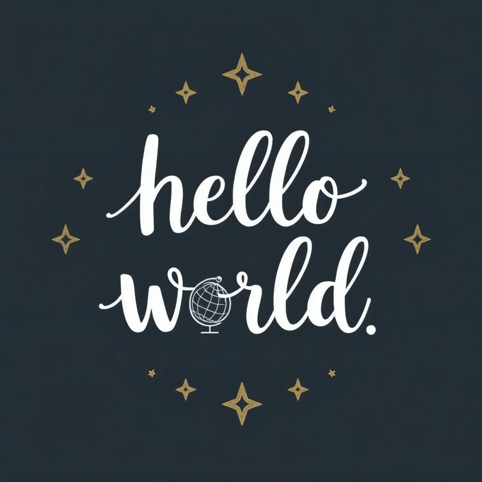 Hello world calligraphy art with globe and stars on dark art hahnemühle by DesignDoodle