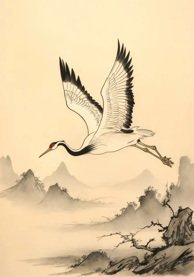 Majestic White Crane in Flight over a Misty Lake Minimalist canvas with Floater frame by BirdShop