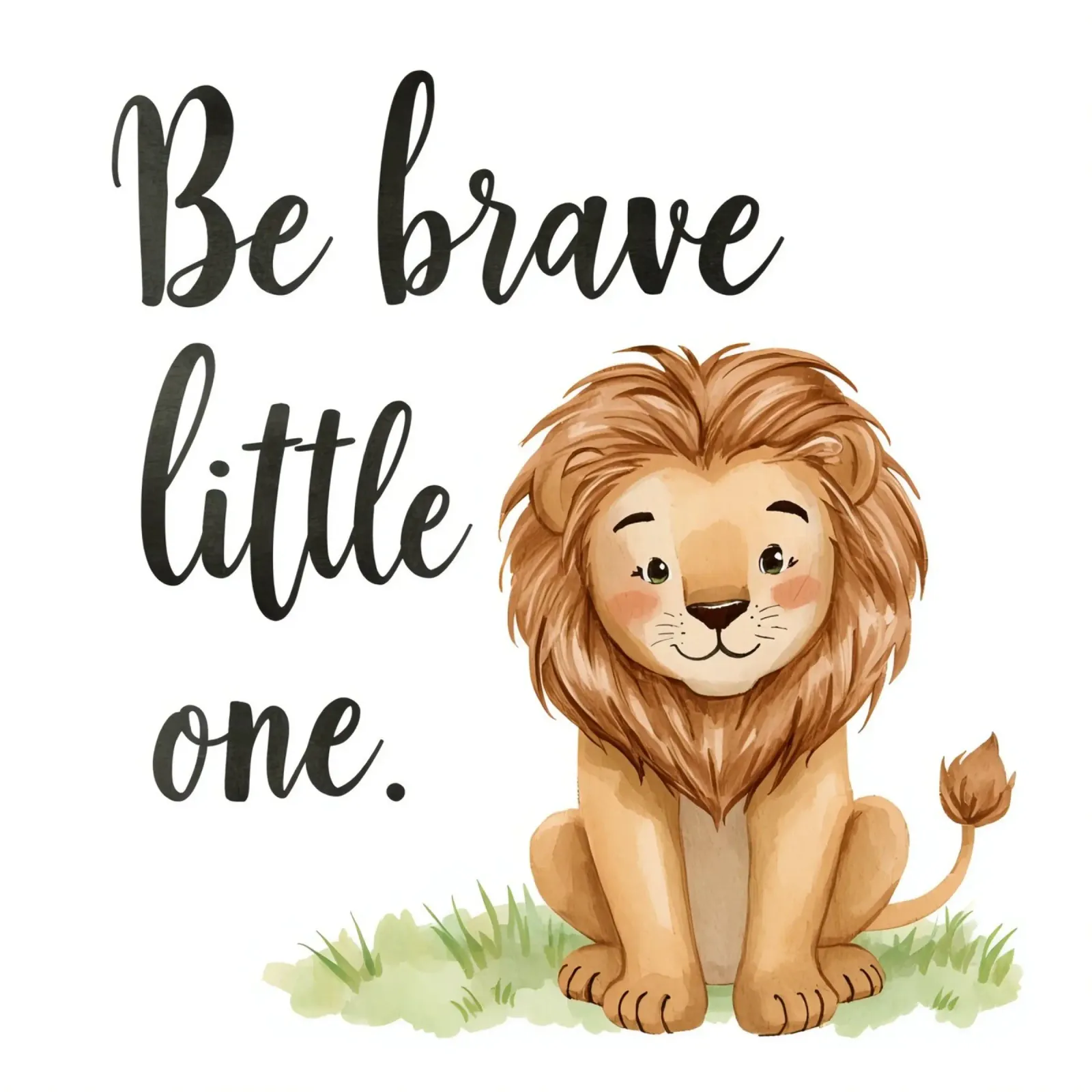 Arte "Be brave little one" con un leone in cartone animato seduto sull'erba pellicola backlit da DesignDoodle