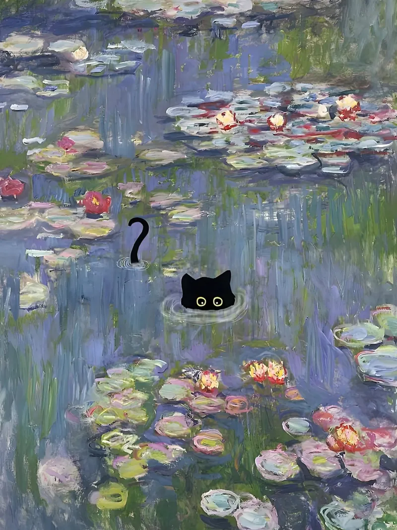 Cat Monet Waterlily Black Cat canvas by ART BEST