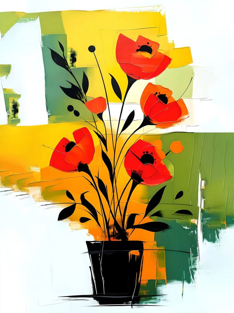 Fleurs rouges abstraites dans un vase noir poster de Point and Art