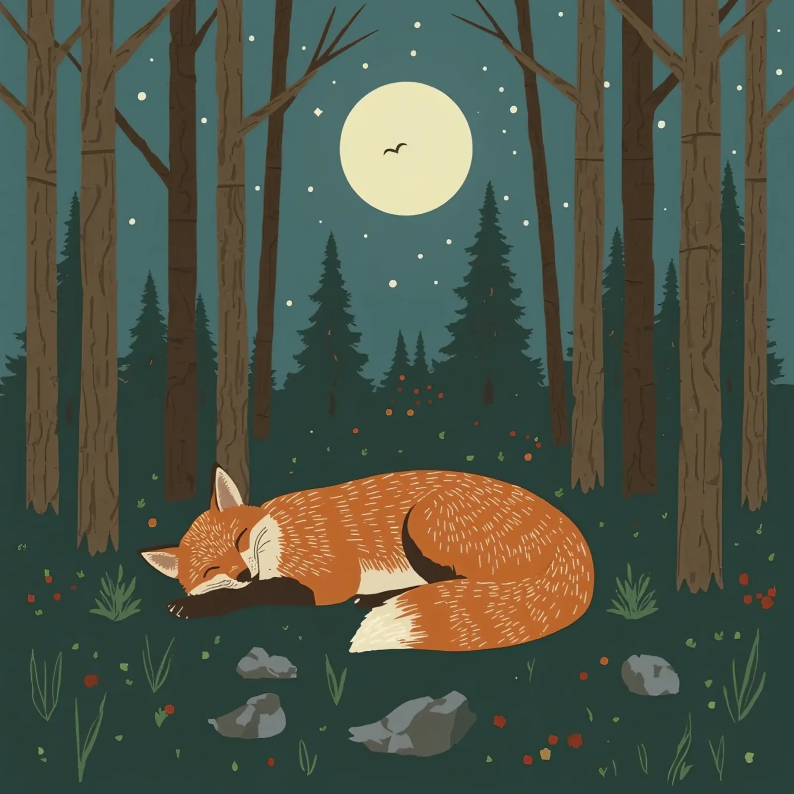 Volpe che dorme profondamente sotto una grande luna con uccello in volo pellicola backlit da DesignDoodle