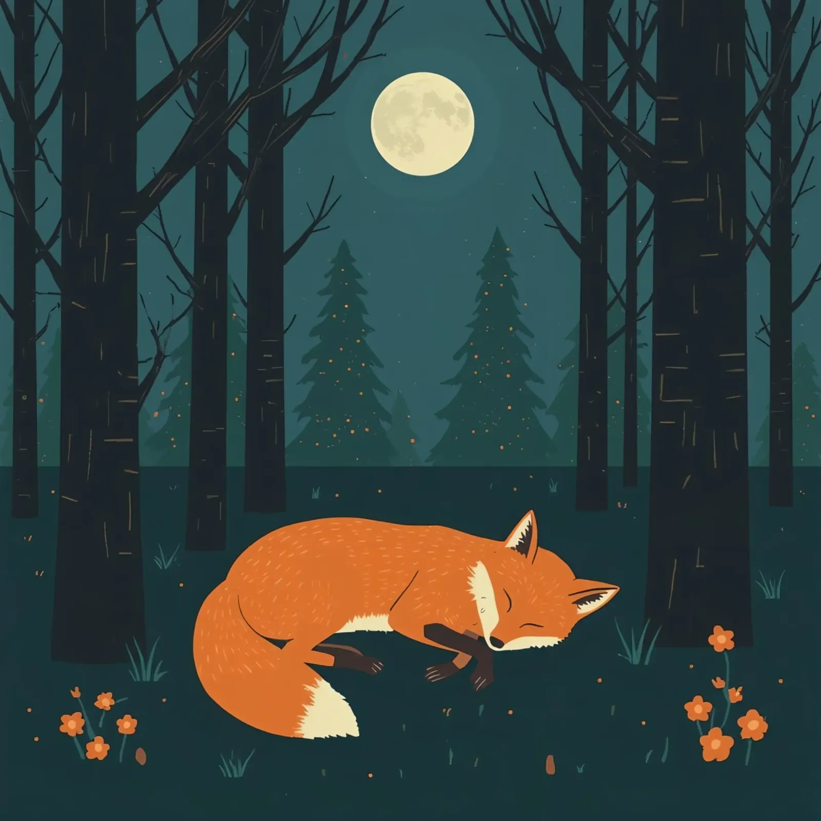 Una volpe arancione dorme sotto la luce della luna piena carta hahnemühle da DesignDoodle