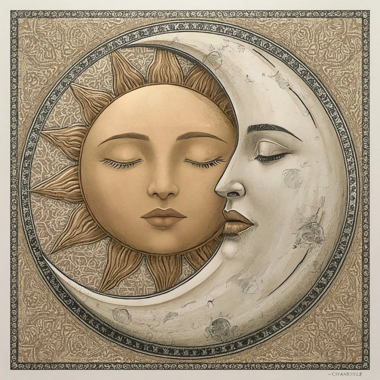 Raffigurazione del sole e della luna con occhi chiusi e volto intrecciato pellicola backlit da DesignDoodle