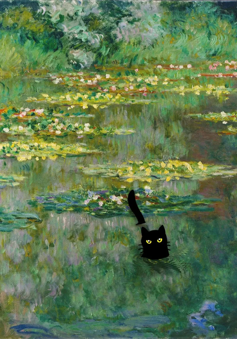 chat noir dans un étang de lotus hahnemühle de SMG Store
