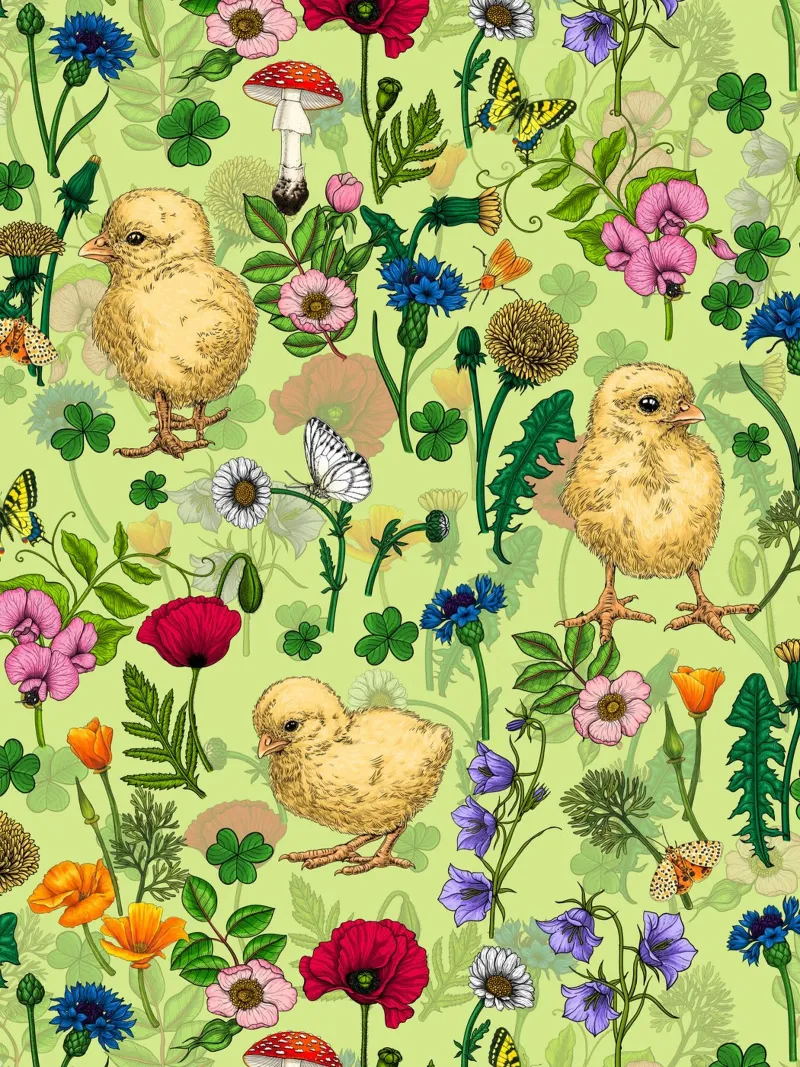 Polli e fiori di campo sul verde della rugiada di miele poster da Painted Nature