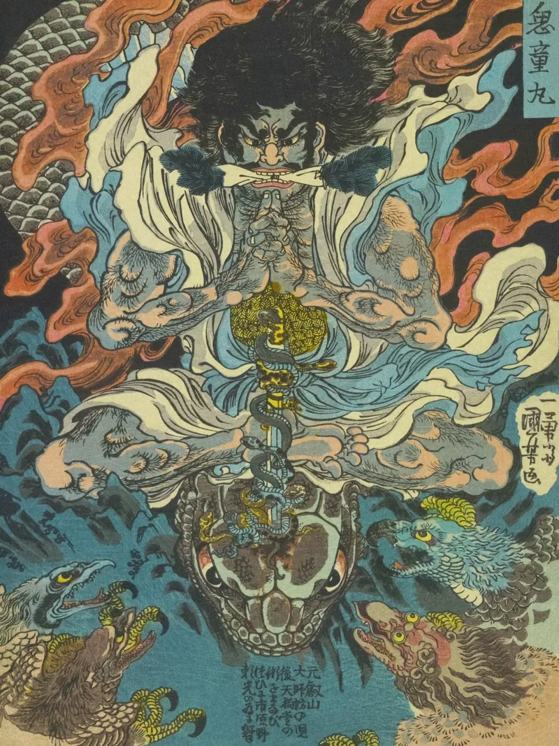 Guerrier samouraï battant un python - Ukiyo-e japonais d'époque hahnemühle de Masterpieces Of Japanese Art