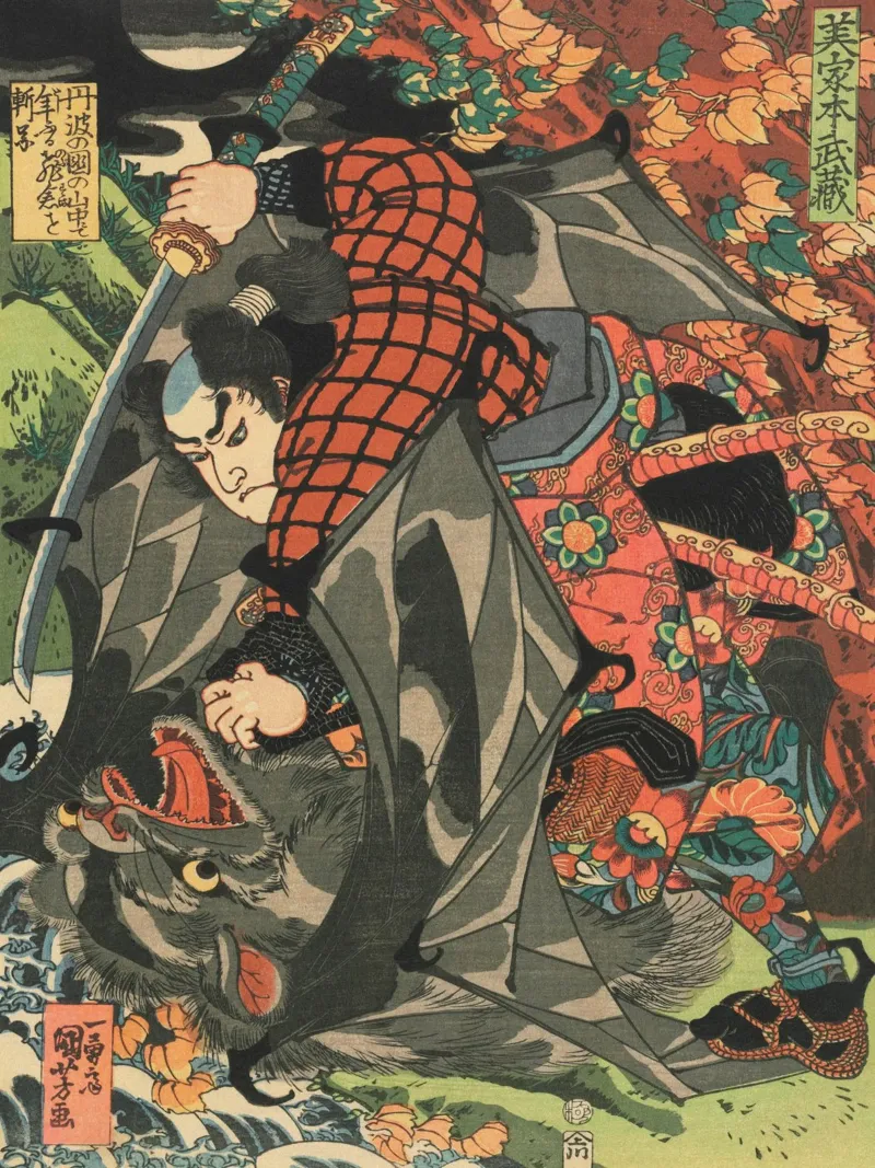 Samurai Defeating Monster Bat - Vintage Japanese Ukiyo-e hahnemühle by Masterpieces Of Japanese Art