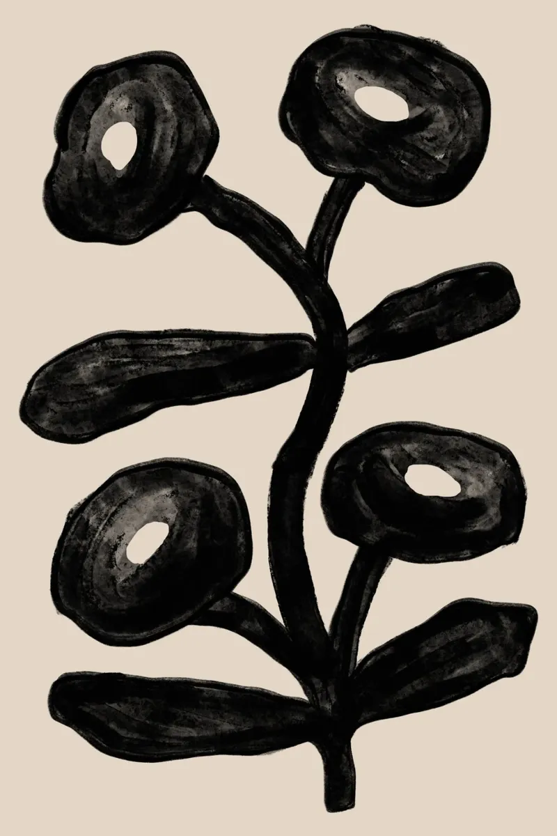 Abstracte zwarte bloesemtak op beige canvas van Melloi Art Print