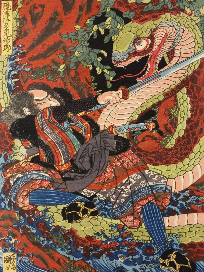 Samurai Warrior Fighting Snake - Vintage Japanese Ukiyo-e poster con telaio in alluminio da Masterpieces Of Japanese Art