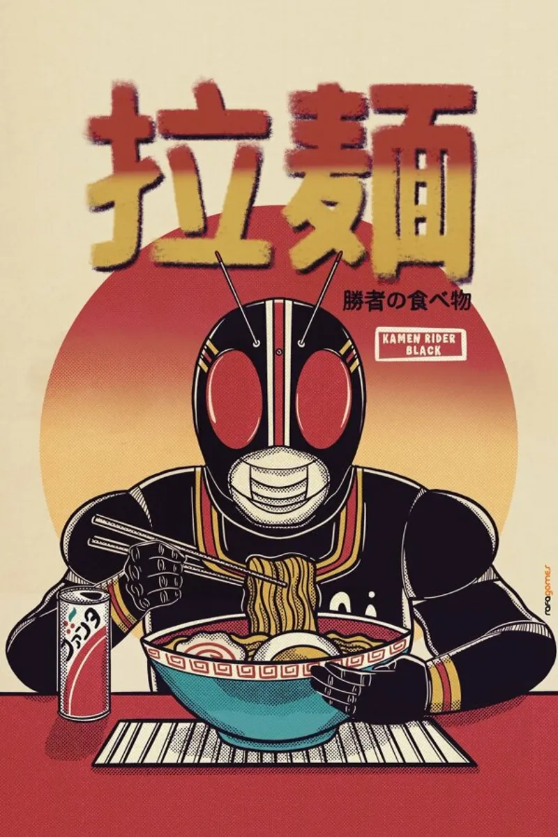 Kamen Rider Black Eating Ramen poster met kunststof frame van Rafa Gomes