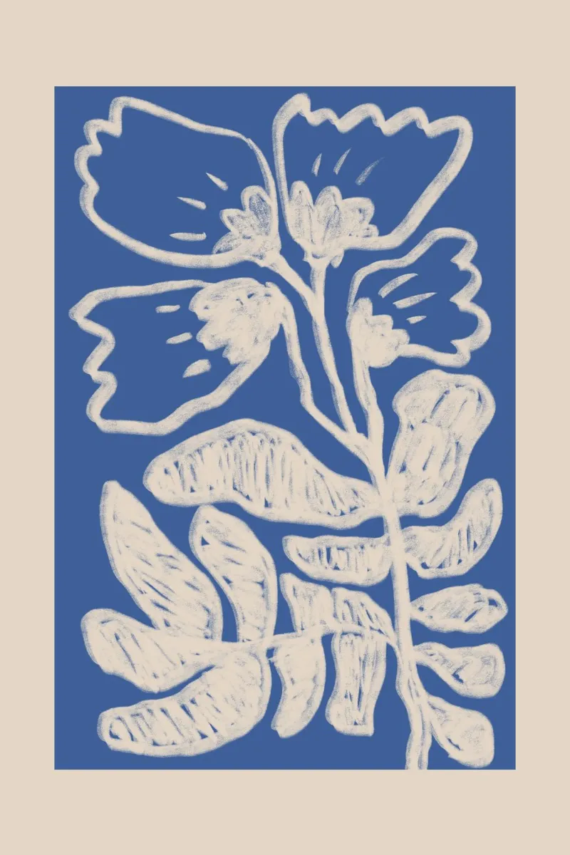 Blu astratto floreale botanico su beige pellicola backlit da Melloi Art Print