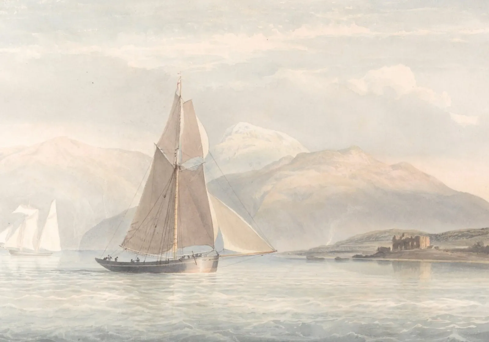 Loch scozzese: Barca a vela e castello, paesaggio delle Highlands poster con telaio in alluminio da ClubArt