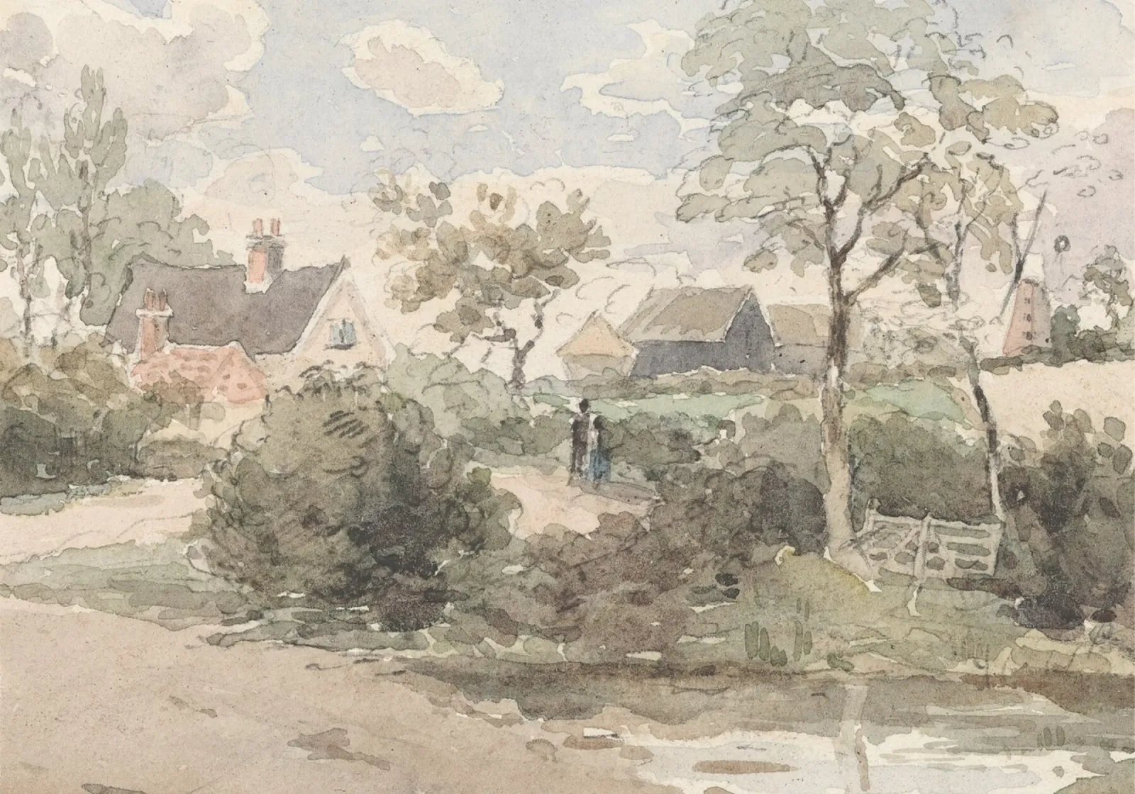 Villaggio inglese: Paesaggio rustico, mulino a vento e figure pellicola backlit da ClubArt