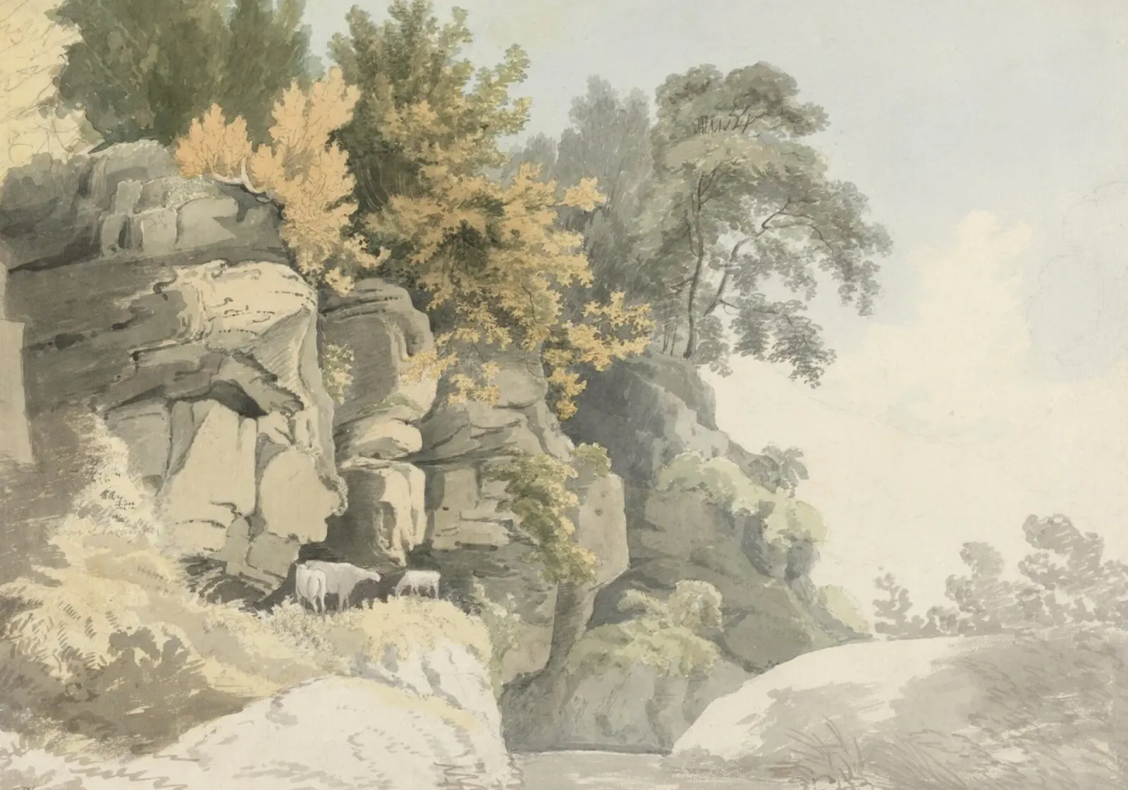 Gola rocciosa: bestiame e alberi d'autunno, arte naturalistica d'epoca poster con telaio in plastica da ClubArt