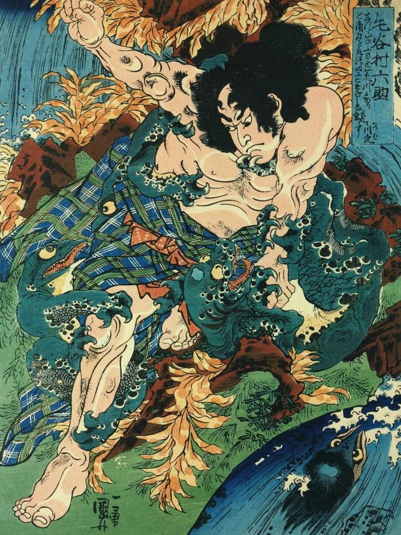 Samurai Fighting River Monsters - Japanese Ukiyo-e Woodblock pellicola backlit da Masterpieces Of Japanese Art