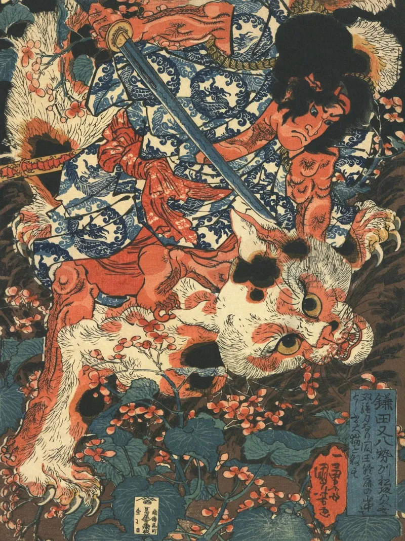 Samurai che combatte con un gatto gigante - Ukiyo-e giapponese pellicola backlit da Masterpieces Of Japanese Art