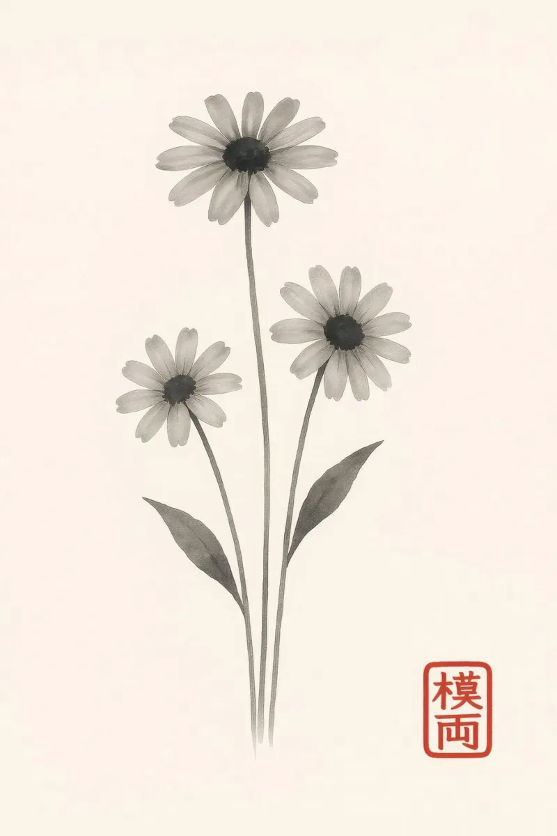 Tre fiori in stile giapponese Sumi-e alluminio dibond da Moqro Home Decoration