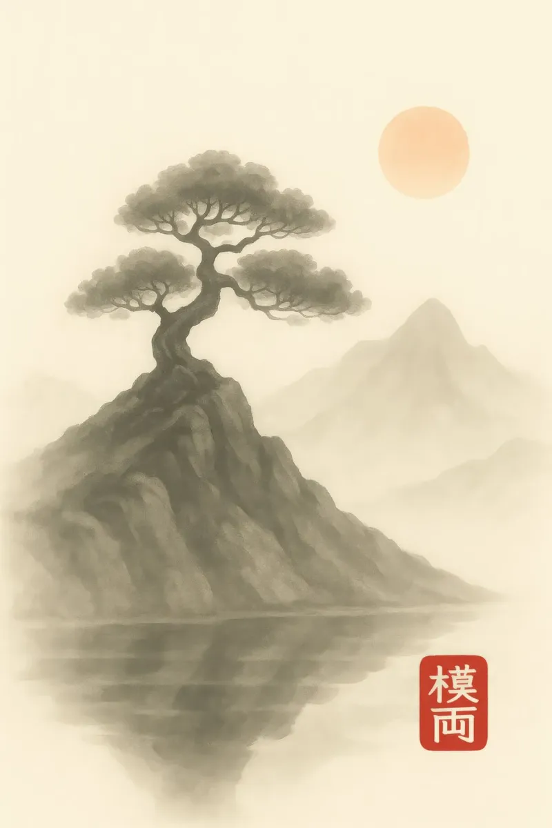 Paesaggio bonsai con sole in stile Sumi-e alluminio dibond da Moqro Home Decoration