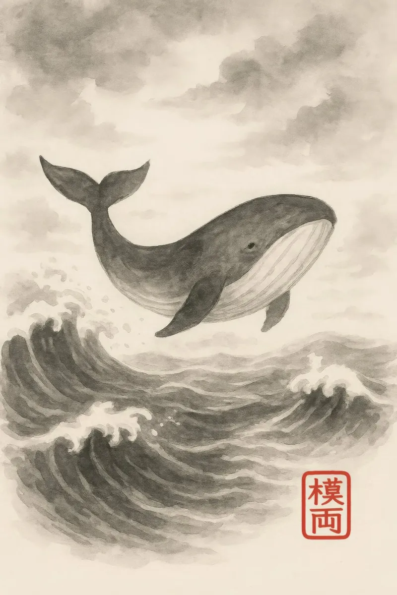 Walvis over de golven in sumi-e stijl canvas met Baklijst van Moqro Home Decoration