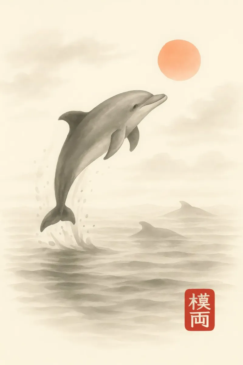 Delfino in mare all'alba in stile Sumi-e carta hahnemühle da Moqro Home Decoration