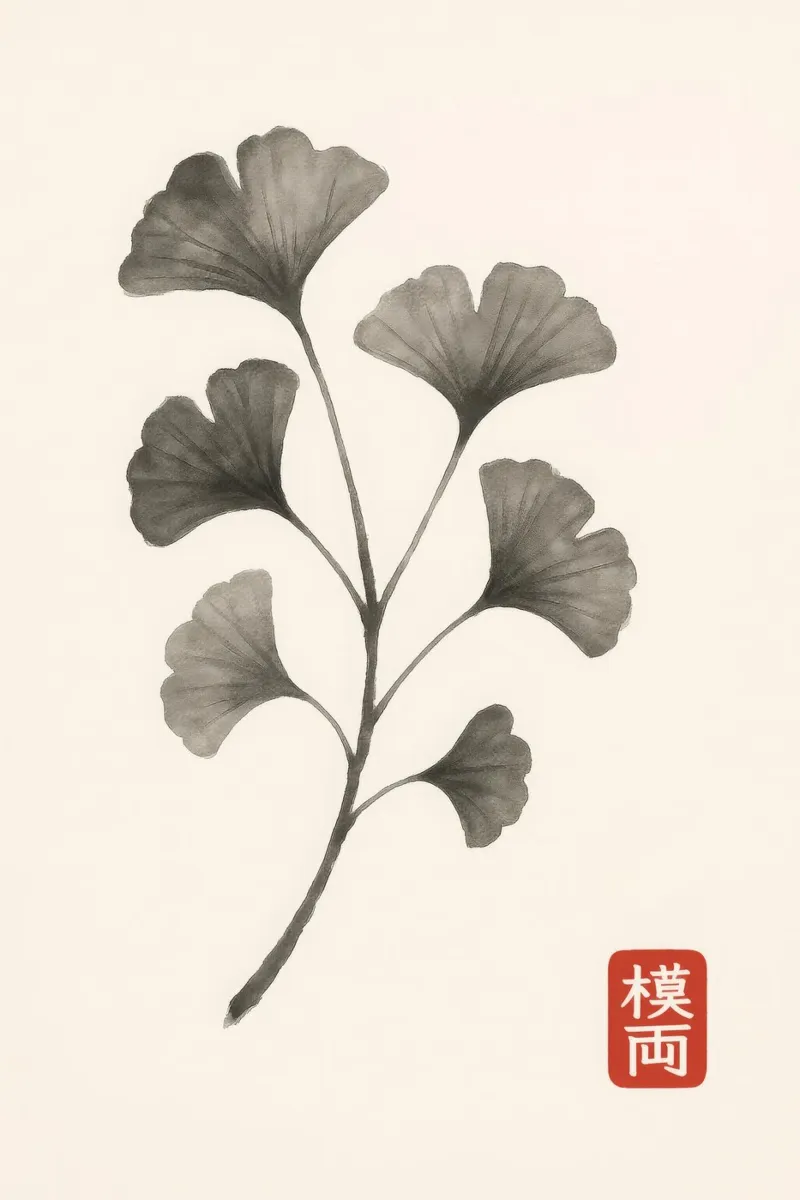 Ramo di ginkgo in stile Sumi-e giapponese carta hahnemühle da Moqro Home Decoration