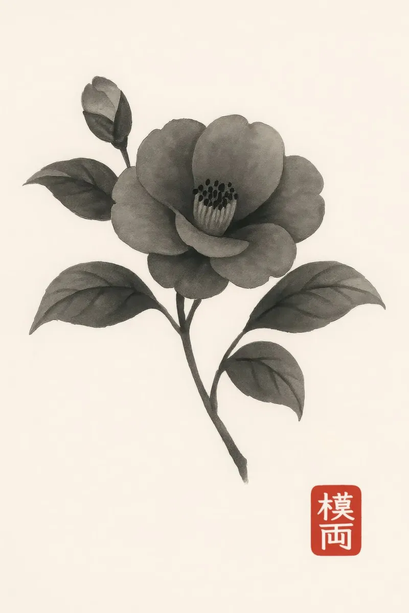 Fiori di camelia nello stile giapponese Sumi-e alluminio dibond da Moqro Home Decoration