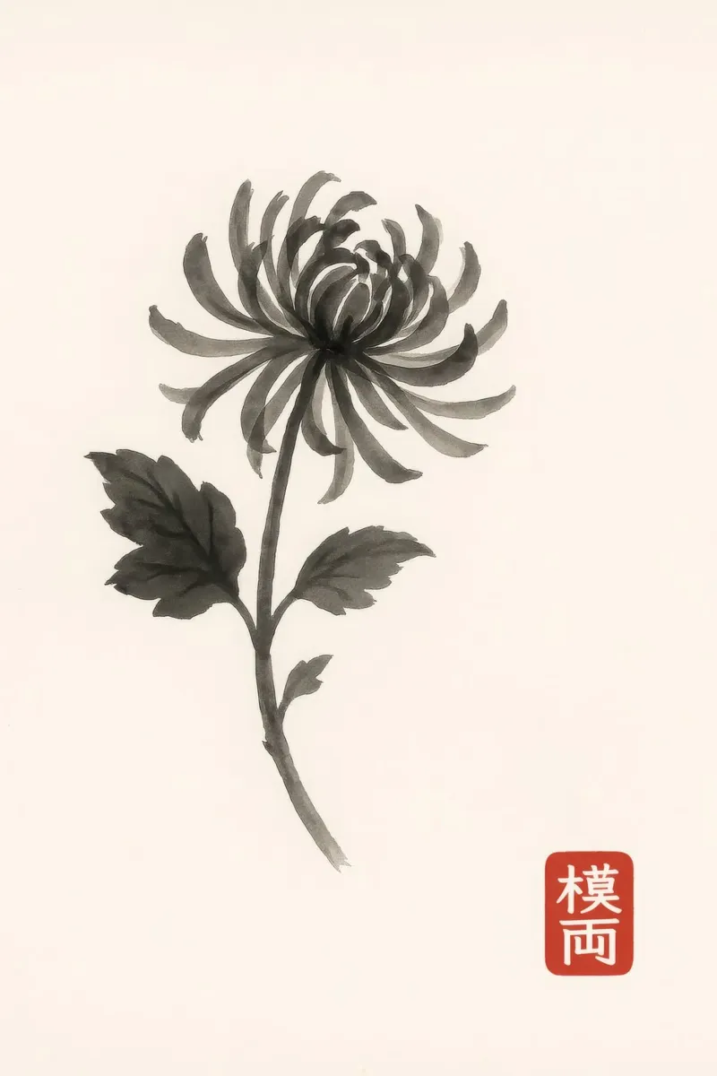 Chrysantheme im japanischen Sumi-e Stil Poster mit Aluminium Rahmen von Moqro Home Decoration