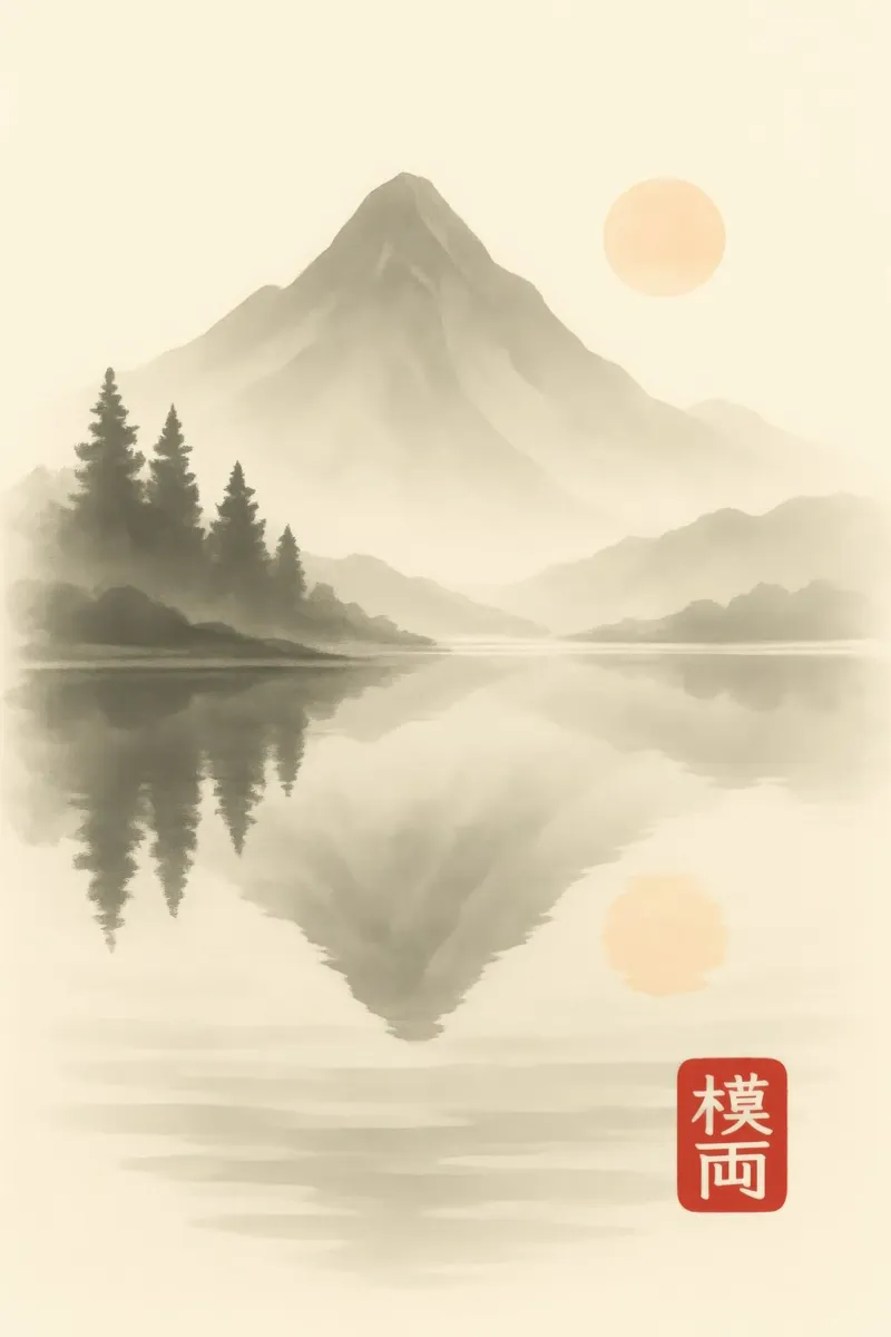 Paesaggio montano con lago e sole in stile giapponese Sumi-e poster con telaio in alluminio da Moqro Home Decoration