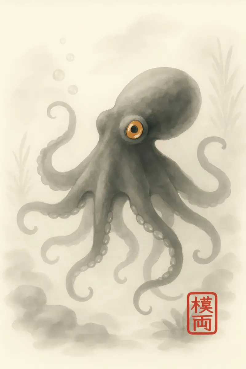 Poulpe sous l'eau dans le style sumi-e japonais poster avec cadre en plastique de Moqro Home Decoration