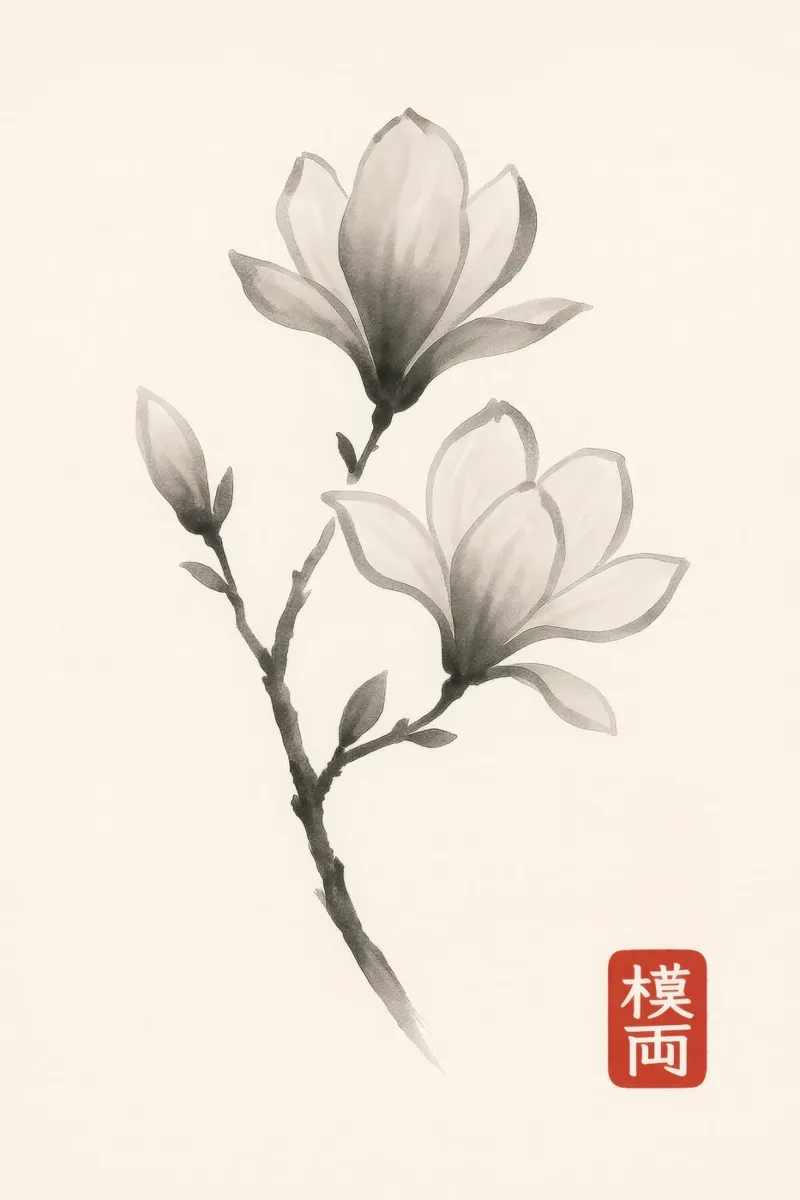 Magnolia branch in Japanese sumi-e style poster with plastic frame by Moqro Home Decoration