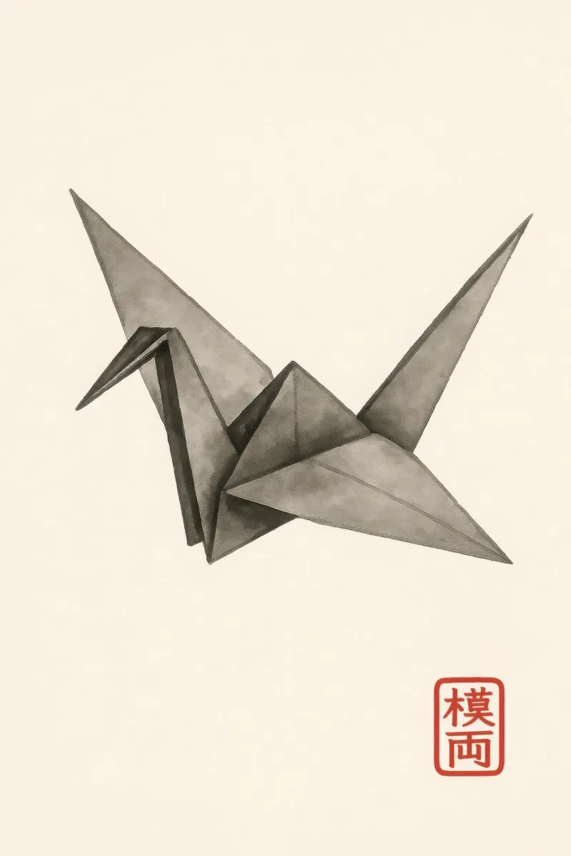 Origami crane in Japanese Sumi-e style poster with aluminum frame by Moqro Home Decoration