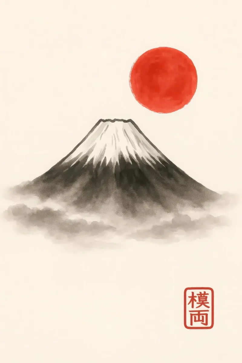 Il Monte Fuji con il sole rosso in un dipinto a inchiostro giapponese carta hahnemühle da Moqro Home Decoration